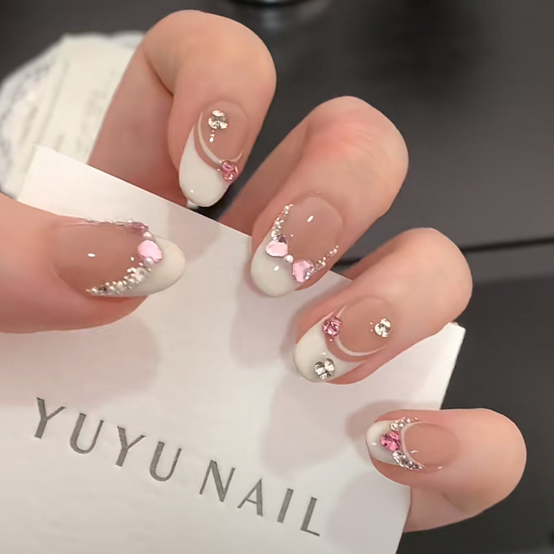 Nail Art Press On - 10 pçs branco francês rosa coração