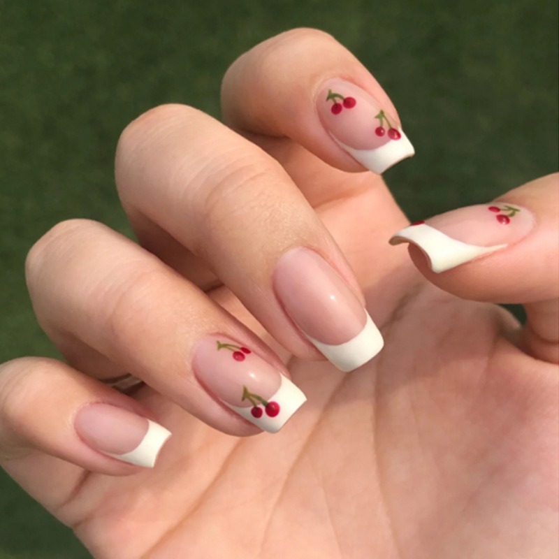 Nail Art Red Cherry - 24 pçs branco francês quadrado vermelho