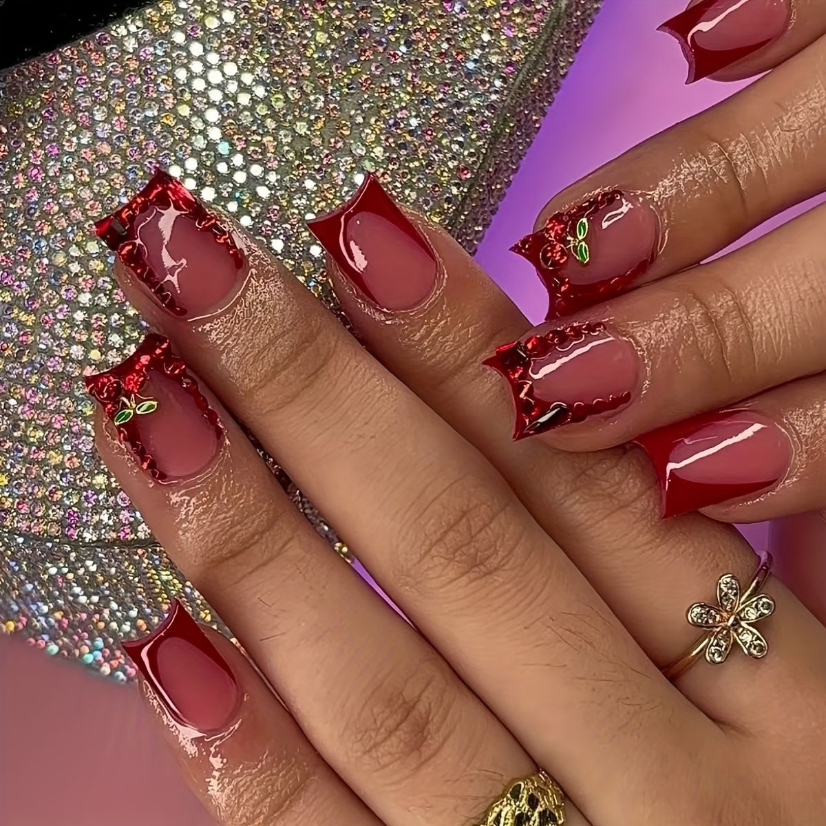 Nail Art Red Cherry - 24 pçs terminado unhas falsas francês